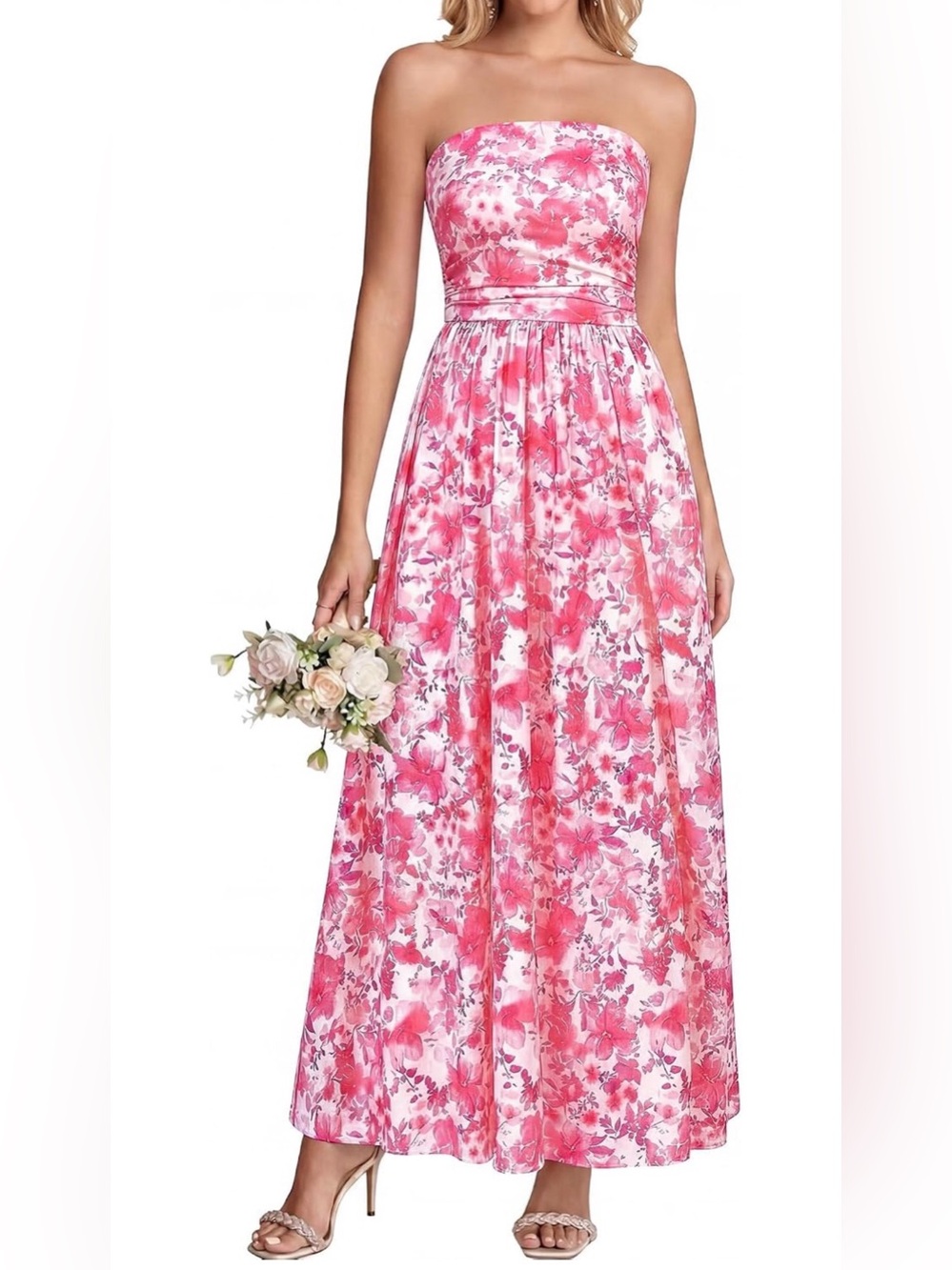 Pink Floral Maxi Dress-Strapless Summer Wedding Guest Beach Vacation Gown